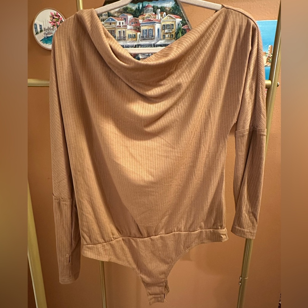 Tan/Light Brown Long Sleeve Cowl Neck Bodysuit